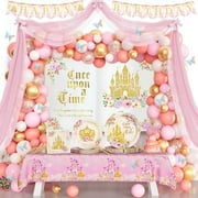 Prince Birthday Party Decorations, Birthday Decorations for Girls, Once Upon a Time Party Supplies, Pink Fairytale Theme Backdrop Balloon Banner Tablecloth Cake Topper Plates, Napkins, Forks