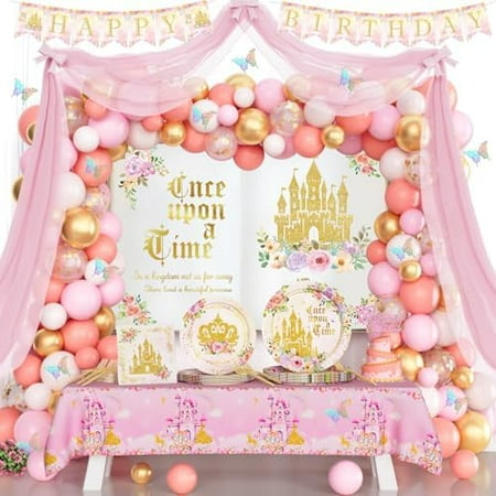Prince Birthday Party Decorations, Birthday Decorations for Girls, Once Upon a Time Party Supplies, Pink Fairytale Theme Backdrop Balloon Banner Tablecloth Cake Topper Plates, Napkins, Forks