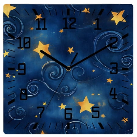 Navy Blue Yellow Star Wooden Wall Clock Silent Non Ticking Starry Sky Vintage Square Wall Clocks Battery Operated Decor Clock for Home Office Living Room Kitchen 10 Inch