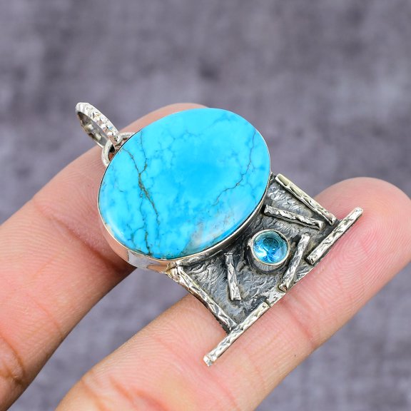 Natural Tibetan Turquoise, Topaz Gemstone 925 Sterling Silver Pendant 2.22"