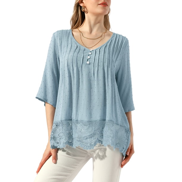 INSPIRAR CHIC Blusa de Peplum para Mujeres con Manga Corta y Cuello en V, Camisas con Pliegues de Flores, Blusas Casuales, Tops de Encaje M Azul Cielo