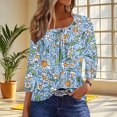 thumbnail image 2 of CYMMPU Loose Fit Button up Crew Neck 3/4 Sleeve Tunic Tops Floral Pattern Fall Fashion Shirts Blouses for Women Dressy Casual Spring Tops Plus Size Blouse Light Blue XL, 2 of 7