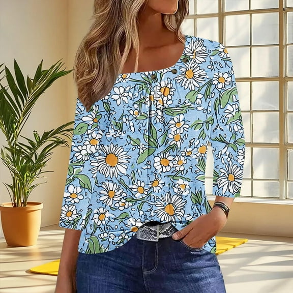 Njagoc3 Womens Yellow & Blue Floral Print Crew-Neck Top, Lightweight Rayon Blend, 3/4 Sleeves, Summer Outdoor Events, Casual Errands & Beach Trips