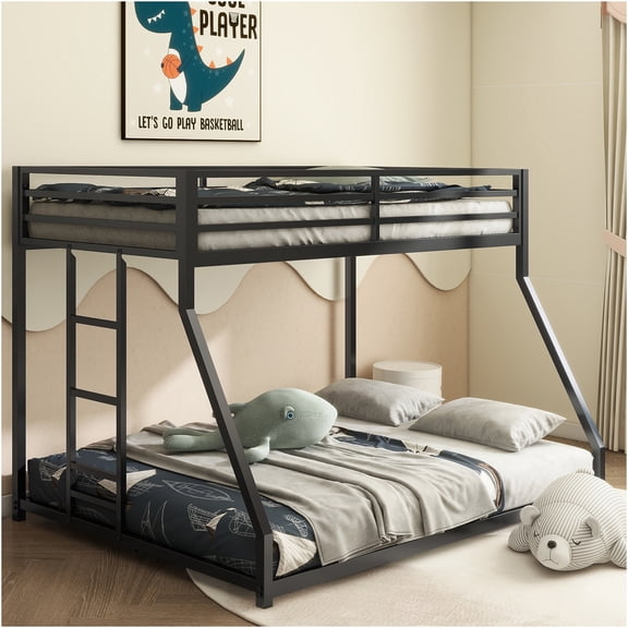 JERFIT Twin over Full Metal Bunk Bed with Ladder, Low Profile Design for Space Saving, Black Sturdy Frame with Guardrails, No Box Spring Needed