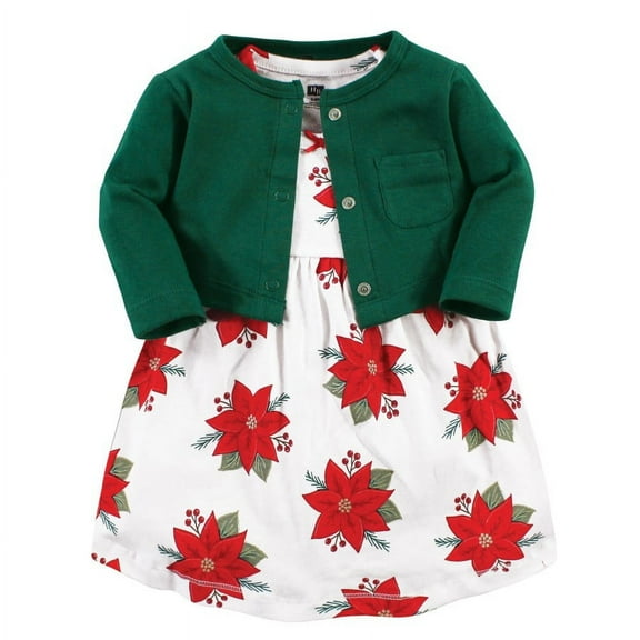 Hudson Baby Infant and Toddler Girl Cotton Dress and Cardigan Set, Poinsettia, 0-3 Months