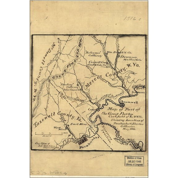 24"x36" Gallery Poster, Map of Flattop coal field virginia & west va 1886