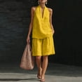 thumbnail image 7 of Qwertyu Linen Sets for Women 2 Piece Summer Outfits V Neck Halter Sleeveless Tops and Wide Leg Bermuda Shorts Cotton Linen Casual Two Piece Sets Yellow M, 7 of 7