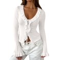 thumbnail image 1 of Women Ruffle Tie Front Cardigan Sweater Long Bell Sleeve Cropped Knit Sweater Top White M, 1 of 7