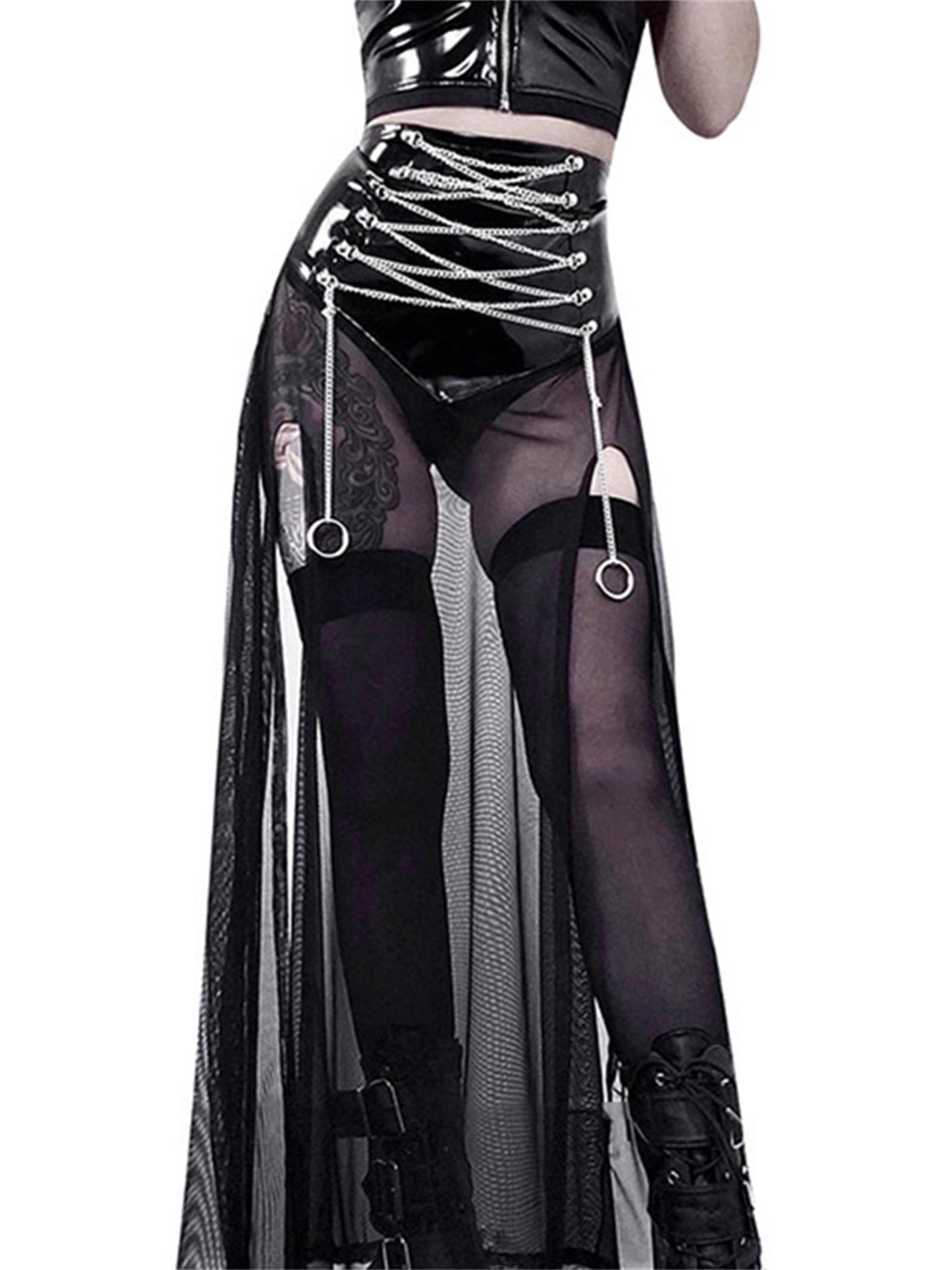 Inevnen Goth Double Slit Maxi Skirt for Women Punk Black See Inevnen Goth Double Slit Maxi Skirt for Women Punk Black See