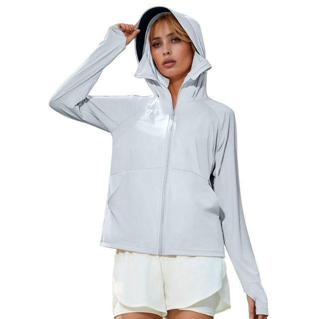MIASHUI Breathable UV Protection Thin Jacket Outdoor Sunscreen Women's Lightweight Long Sleeve Cover Up Light Gray,L