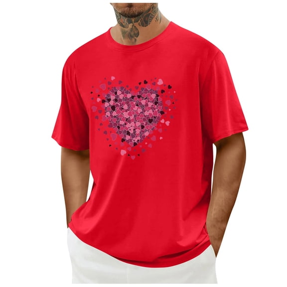 EchfiProm Graphic Tees for Men Short Sleeve Shirts Heart Red Graphic Casual Valentine Big and Tall Mens Tops S