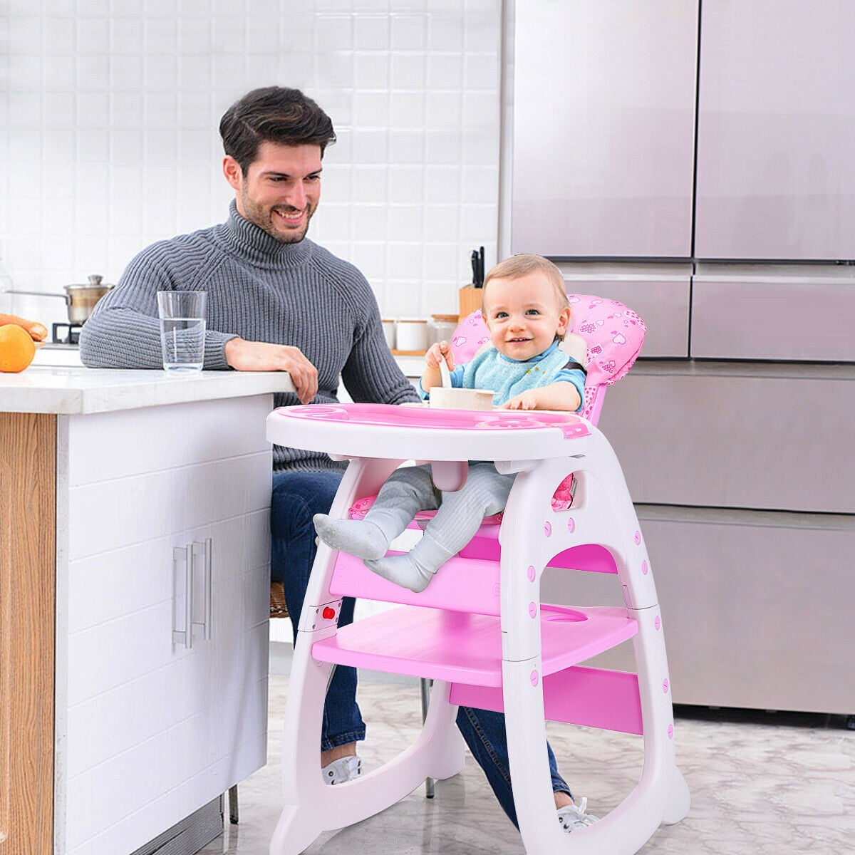 Kepooman 3 in 1 Baby High Chair, Adjustable Convertible Play Seat Booster Toddler with Feeding Tray - Pink
