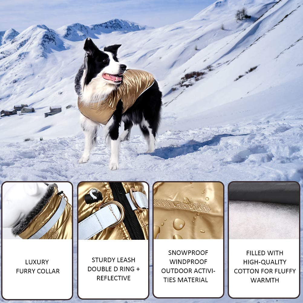 Dog Jacket Cozy Snow-Proof Wind-Proof Geometric Winter Dog Coat with Adjustable Furry Collar Sturdy Leash D Ring for Walking Pet Vest Reflective Dog Jackets for Small Medium Large Dogs Hiking 
