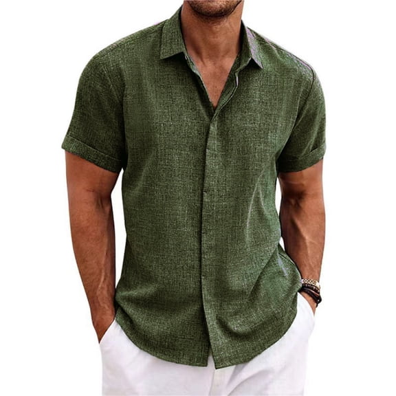 Men's Linen Shirts Short Sleeve Casual Shirts Button Down Shirt for Men Beach Summer Wedding Shirt Army Green M