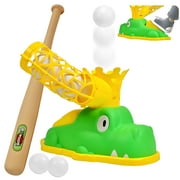 Hikoshi T Ball Set with Step on Automatic Pitching Machine, Hold 6 Baseballs & T Ball Bat, Cartoon Crocodile Teeball Batting Tee Set Sport Toy for Toddlers, Kids, Boys & Girls, Ages 3-12 Years