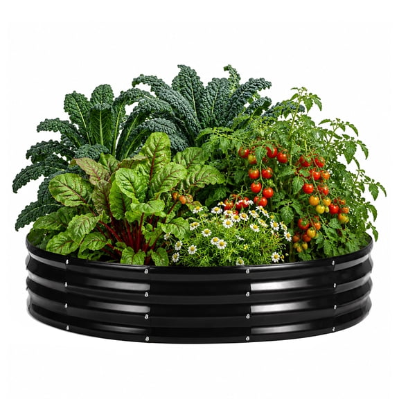 59 Inch Round Galvanized Metal Raised Garden Bed, 12in Height Open Bottom Planter Box, Black Exterior & Silver Interior Outdoor Raised Planter for Vegetables, Flowers, Herbs