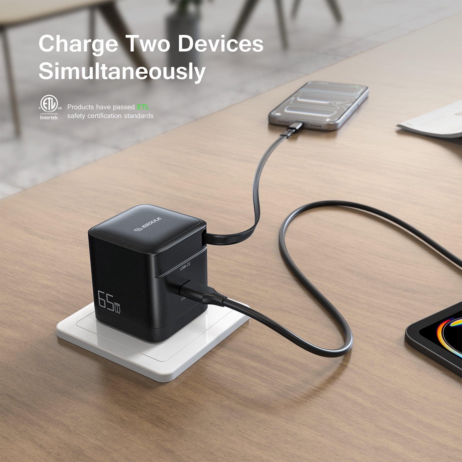 Esoulk 65W Dual USB-C PD 3.0 PPS Wall Charger with Retractable USB-C Cable for Laptops Smartphones