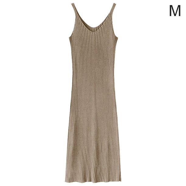Vestido Con Cuello En V Sin Mangas De Punto Color Sólido Vestido Largo Y Delgado Sexy, Albaricoque, M Inevent AP001368-02B