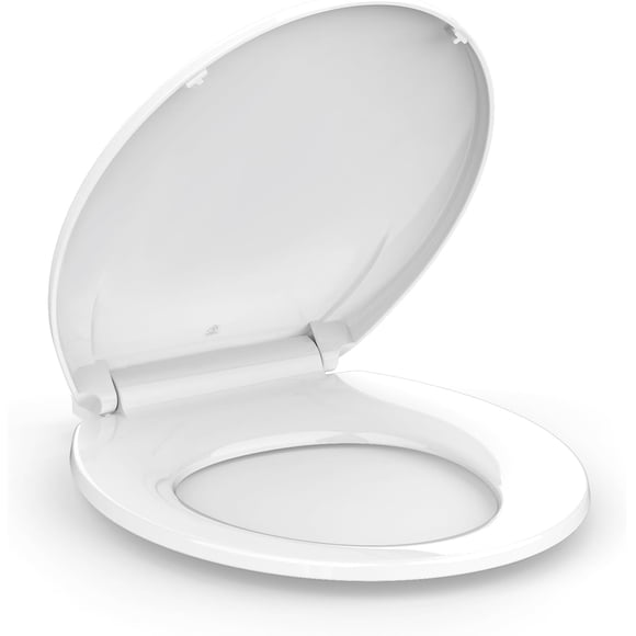 Elongated toilet seat con slow-close function, easy to clean y install