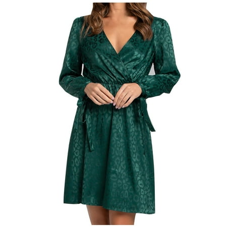 

Womens Fall Spring Summer Dress Casual Deep V Neck Long Lantern Sleeve Tie High Waist Cocktail Party Dress Solid Ruffle A Line Plus Size Flowy Swing Midi Dresses