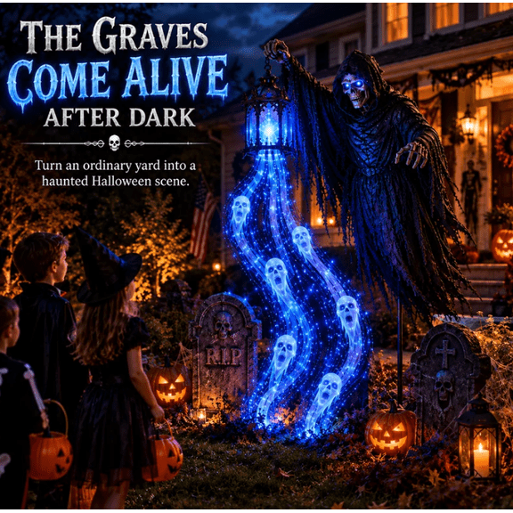 Tall Solar Grim Reaper Halloween Yard Light, Outdoor Haunted House Decoration with Gothic Lantern and Flowing Blue Ghost Stream, Weatherproof Night Display for Garden Porch