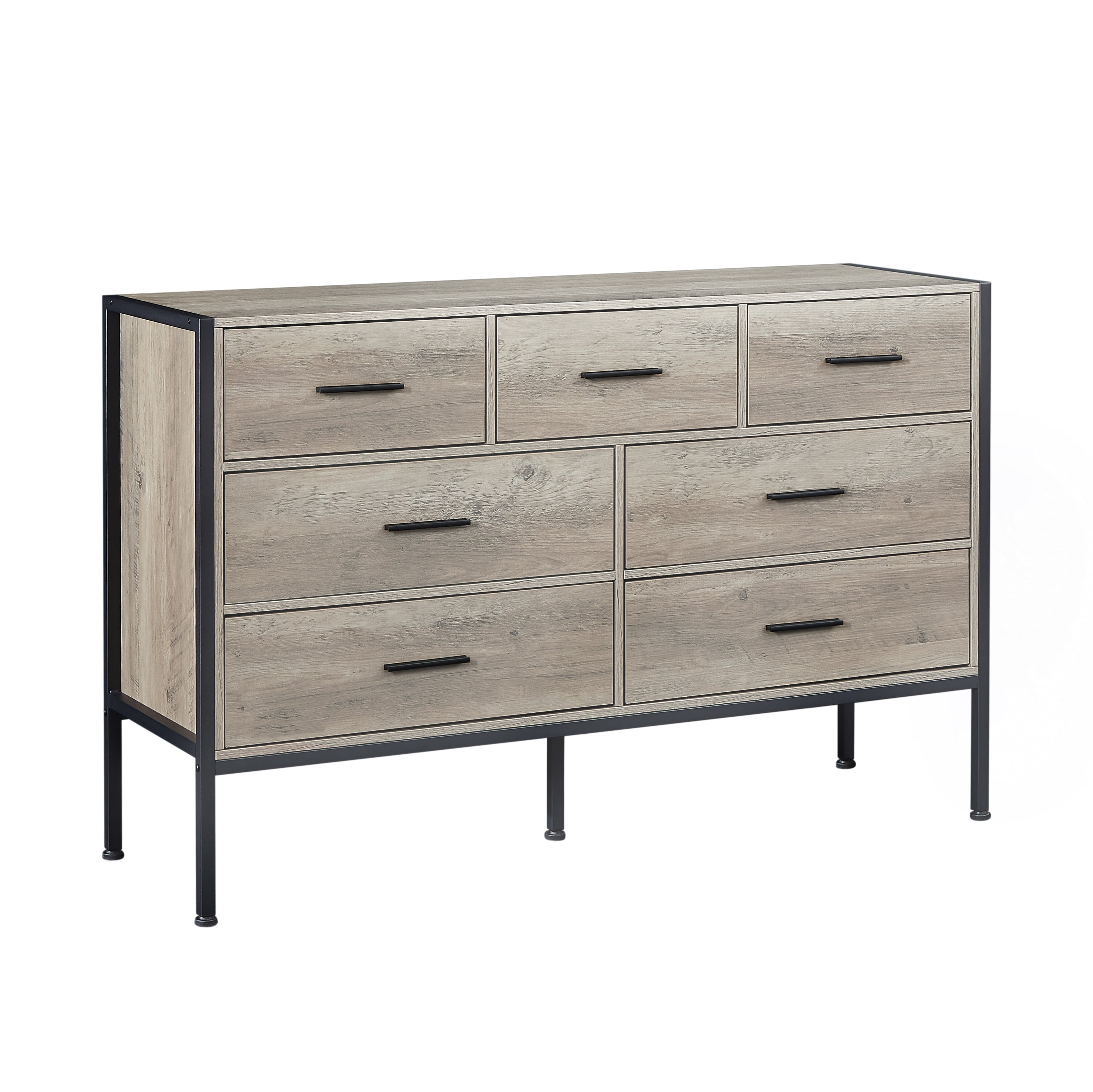 PORKISS 7 Drawer Dresser, Wood Chest of Drawers, Industrial Style Horizontal Dresser for Bedroom, Solid Clothes Storage Cabinet with Sturdy Steel Frame, Wooden Dresser Organizer, Gray