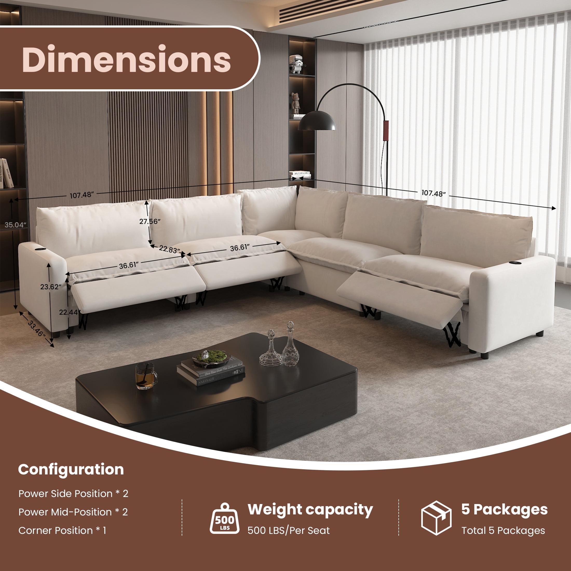 Power Recliner Sofa Couch Set, L Shape Electric Recliner Sectional Couch with Heating, USB Ports for Families and Friends, Modern Electric Recliner Sofa for Living Room Home Theater, Beige