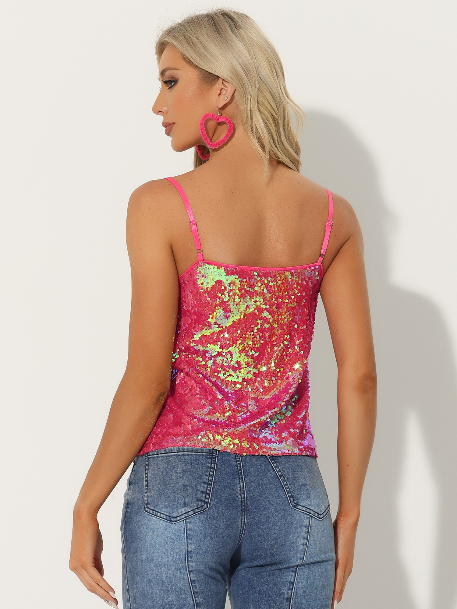 DARING DIVA Women's Sequin Sparkle Glitter Crop Cami Top XL Pink Holographic
