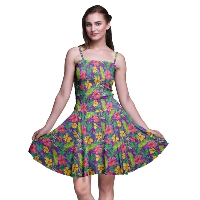 Bimba Robe Soleil Mini à Bretelles Spaghetti pour Femmes, Haut à Taille Smockée Imprimé Floral - Très Petit