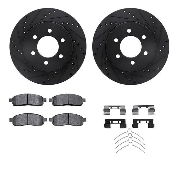 Dynamic Friction Company Front Brake Rotors-Drilled and Slotted-Black with Heavy Duty Brake Pads includes Hardware 8212-99184