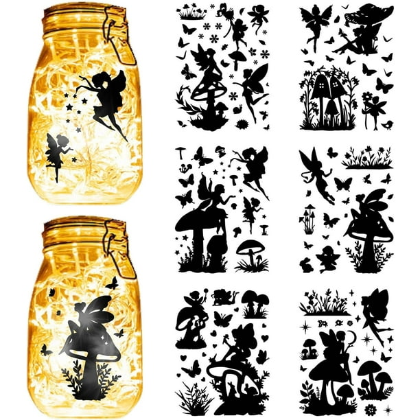 6 hojas de 6 estilos de calcomanías de hadas, ángeles, frascos de vidrio, pegatinas de hongos, siluetas troqueladas, autoadhesivas, PVC, impermeables.