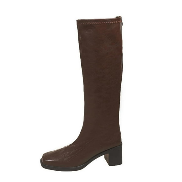 Xfvqtps Womens Knee High Boots Square Toe Slip on Boots Winter Fashion Block Heel Boots with Back Zipper Faux Leather Stretchable Tall Boots for Women Brown