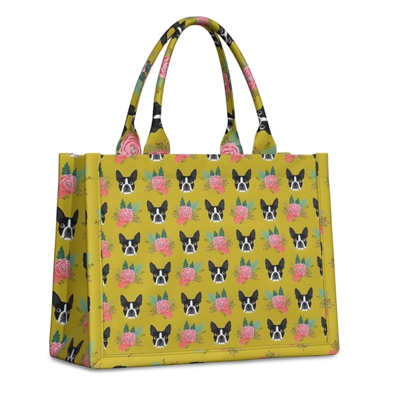 Large Capacity Tote Bag,Yellow Boston Terrier and Flower Handbag Fashion Luxury Tote Bag,15.7"x13"x 5.1" Inches,Laptop Compatible