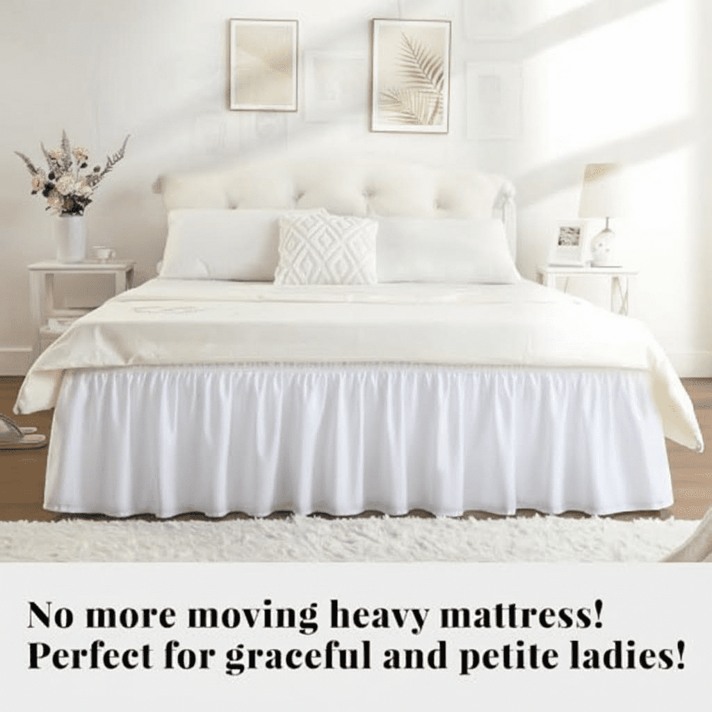 Queen Size 18-Inch Drop White Bed Skirt, Elastic Wrap-Around Dust Ruffle for Bed Frame, Lightweight Adjustable Bed Skirting Easy to Install