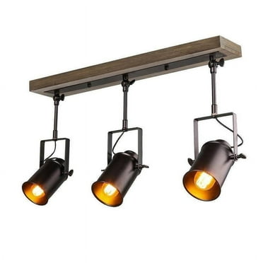 3-Light Adjustable Track Lighting with Wood Canopy, Matte Black Industrial Ceiling Fixture