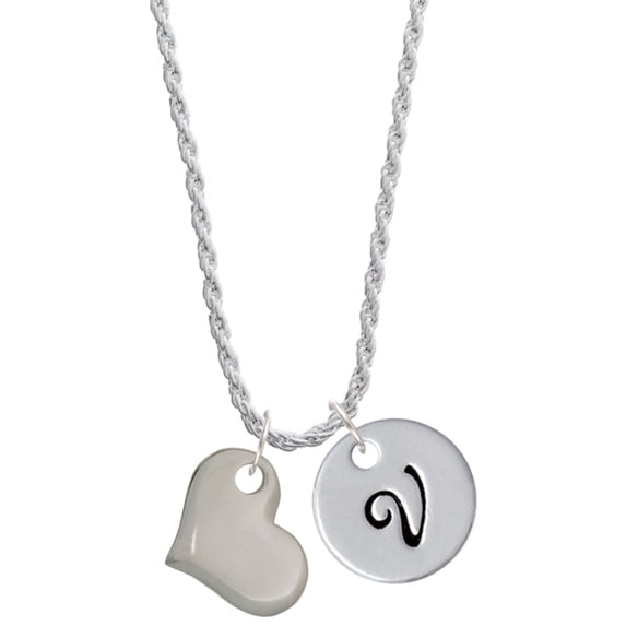 Delight Jewelry Stainless Steel Heart Silvertone Script Initial Disc - V - Charm Necklace, 20"+3"