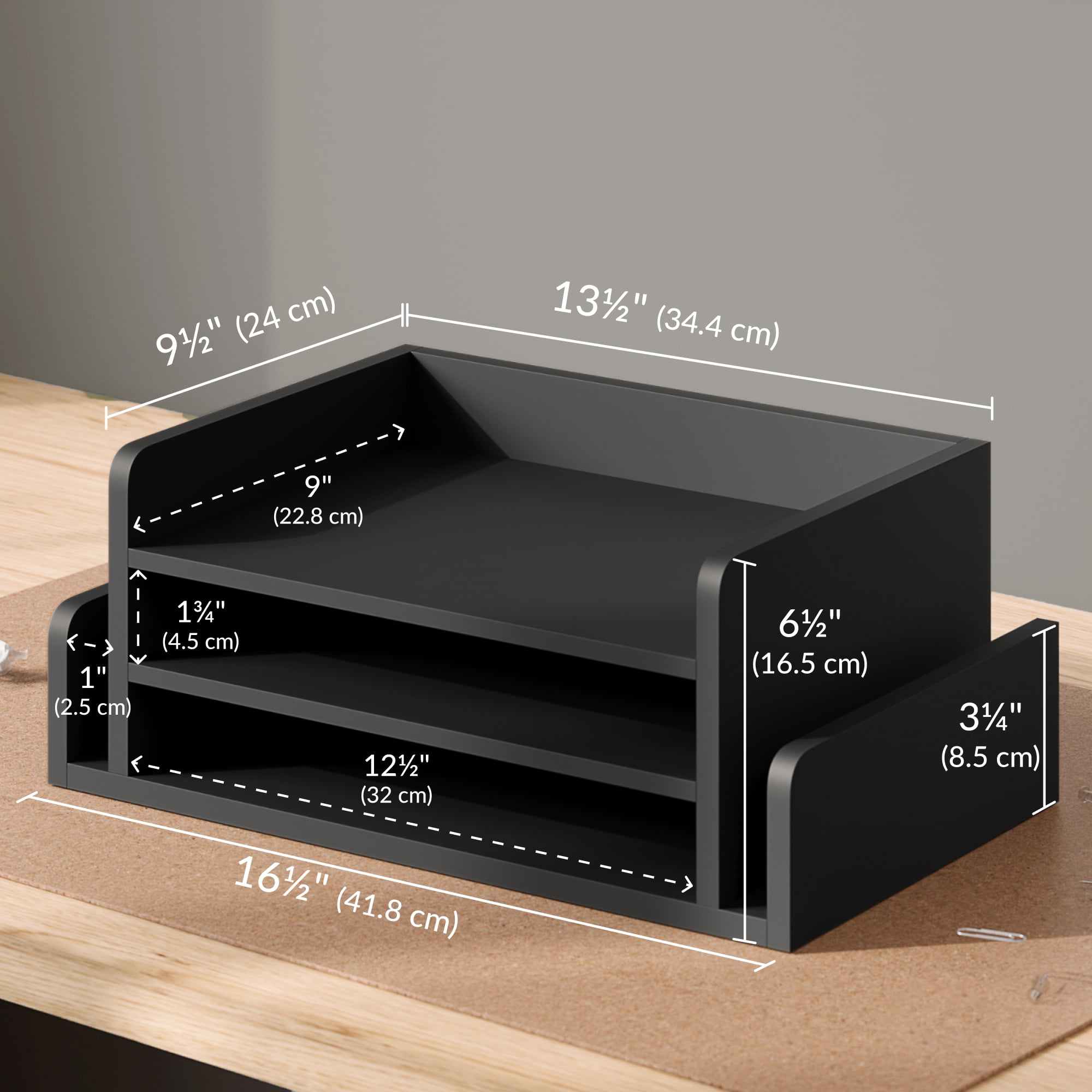 Ballucci 3-Tier Desk Organizer with 2 Side Mail Sorter Slots, Office Letter Tray, Black