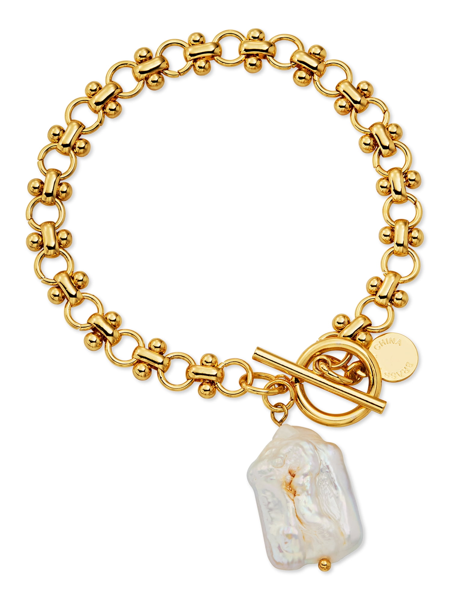 Scoop Womens Brass Yellow Gold-Plated Imitation Pearl Link Toggle Bracelet, 7.5''