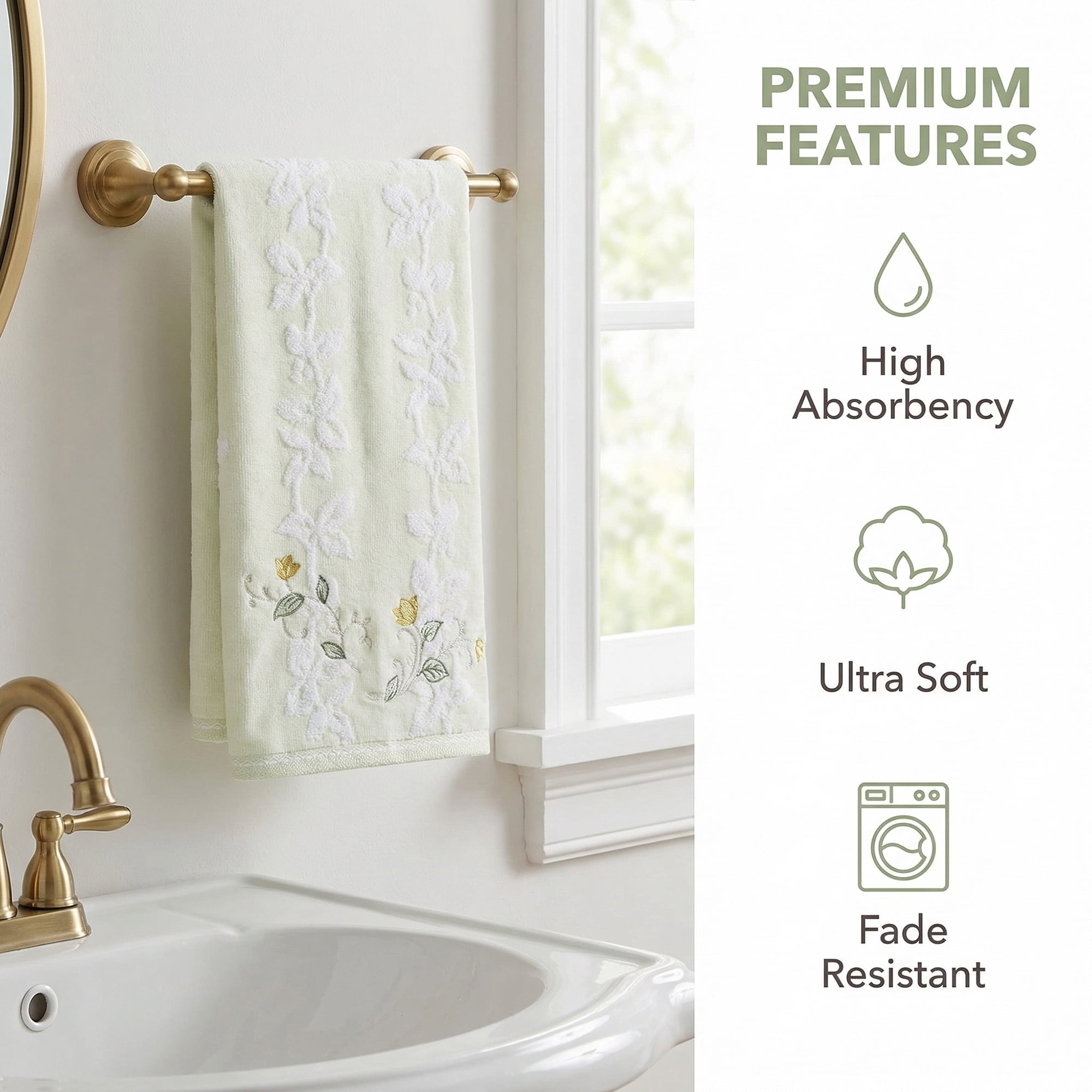 Unique Bargains Cotton Jacquard Hand Towels with Floral Embroidery Green 1pc 27" x 13"