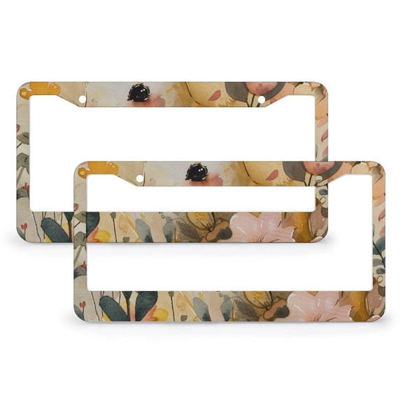 Rabbit & Flowers License Plate Cover 2 Pcs Set Spring Watercolor Rabbit Floral Customized Decor Car Tag for US Standard Vehicles for Women Men 2 Holes Aluminum License Plate Frame