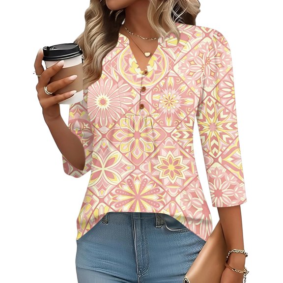 Domzest V Neck Tops for Women 3/4 Sleeve Boho Floral Print Pleated Button Down Shirts Loose Fit Tunic Blouse Pink S