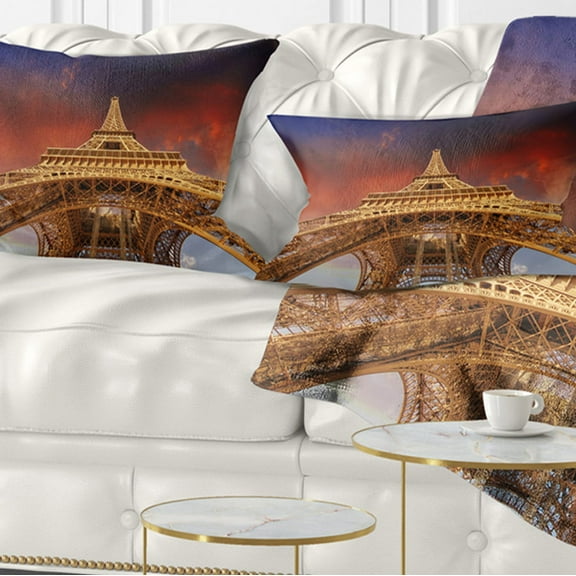 Designart Beautiful View of Paris Paris Eiffel Towerunder Red Sky - Cityscape Throw Pillow - 12x20