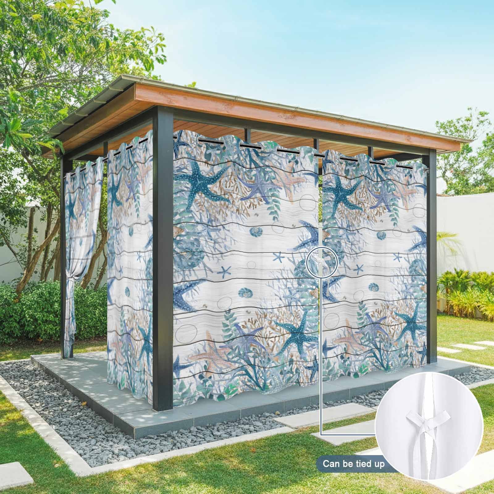 Summer Marine Life Outdoor Curtains for Patio, Watercolor Blue Starfish Ocean Bubble Wood Grain Sunshade Privacy Drapes Grommet Waterproof Outside Curtains for Porch/Cabana/Balcony 54"x 108", 2 Panel
