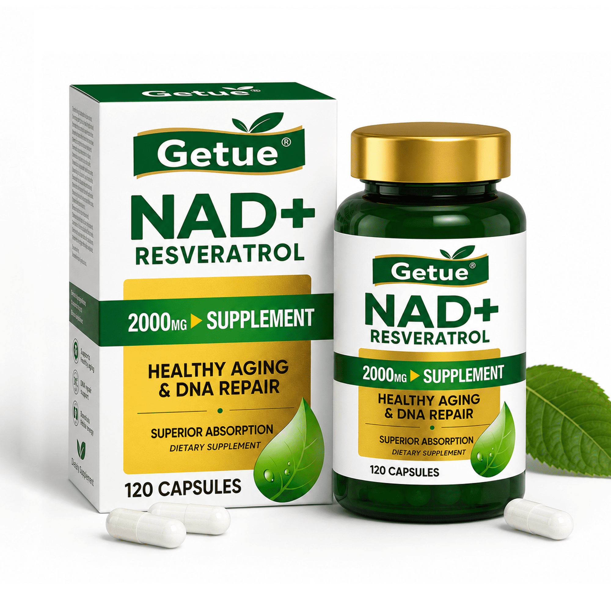 NAD+ Resveratrol Supplement, 2000 mg Per Serving, Cellular Wellness & Healthy Aging Support, Antioxidant Support, 120 Capsules