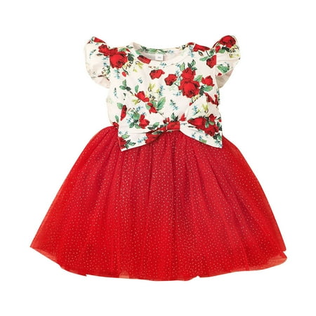 

DNDKILG Baby Toddler Girl Bow Short Sleeve Dresses Summer Dress Floral Sundress Red 12M-5Y 120