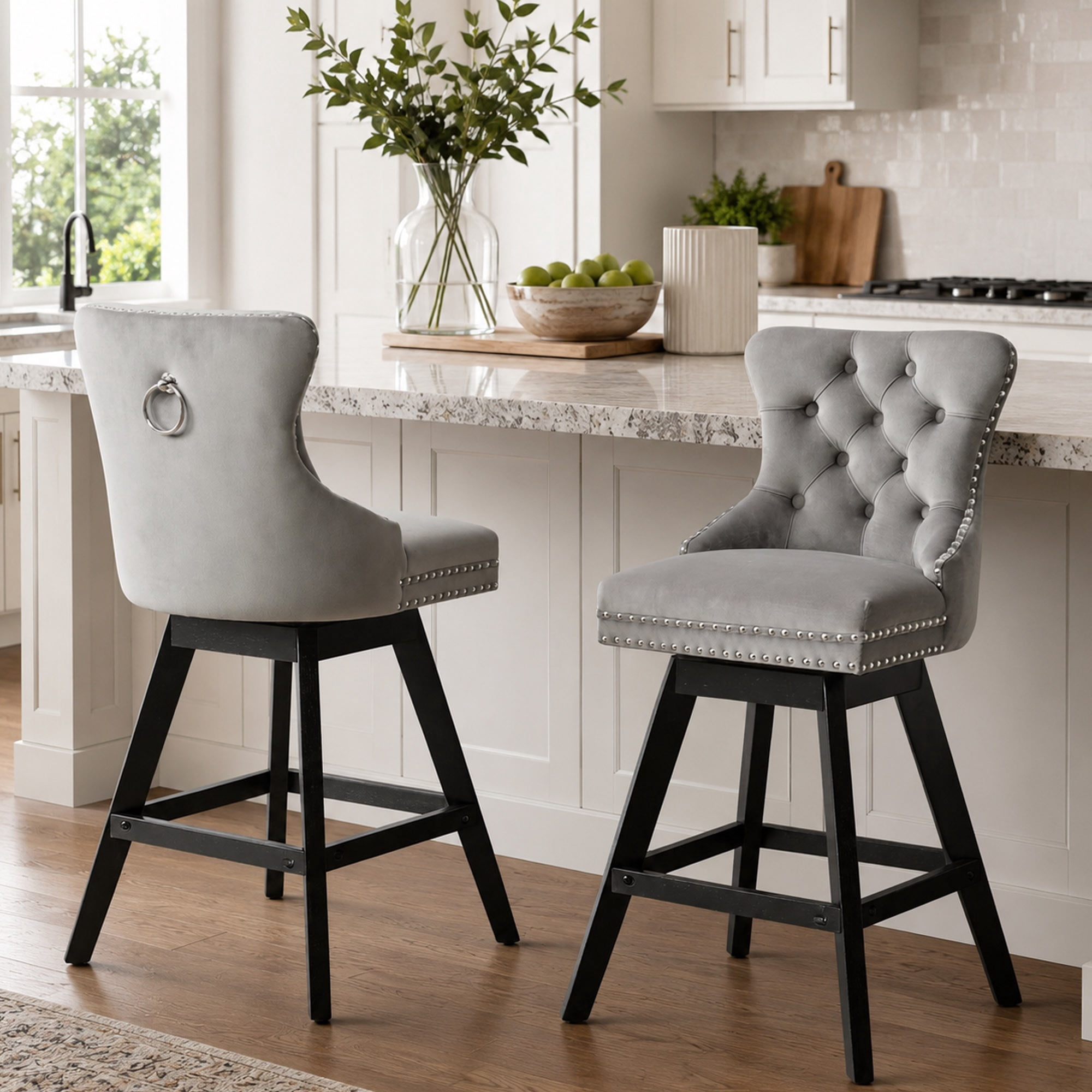 Bar Stools With Back Sets of 2, LEGAHOME Farmhouse Gray Swivel Bar Stools for 34–38" Kitchen Island, 26" Velvet Barstools Counter Stools for Breakfast, 2 PCS