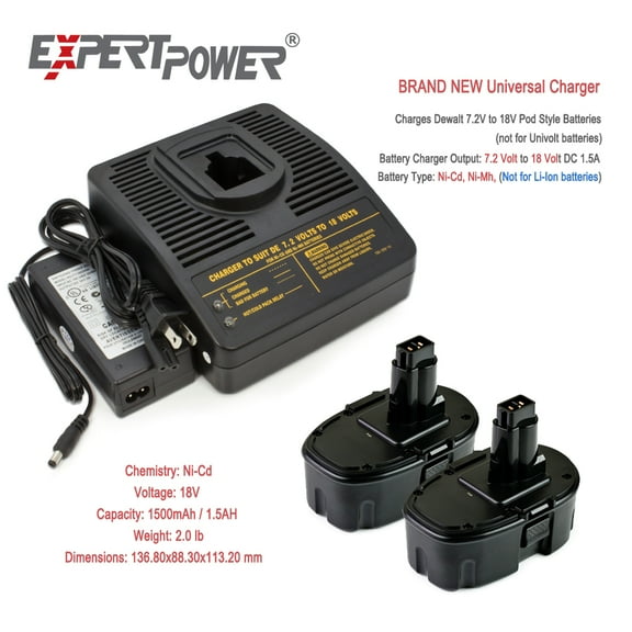 (2) PCS 18v 1500mAh Ni-MH Battery for DW9095 DW9096 DW9098 DC9096 DE9039 DE9095 DE9096 DE9098 and (1) pc charger