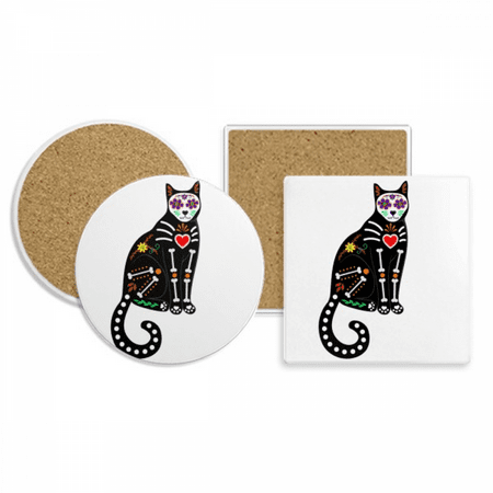 

Black Cat Bone Heart Halloween Terror Atmosphere Coaster Cup Mug Holder Absorbent Stone Cork Base Set