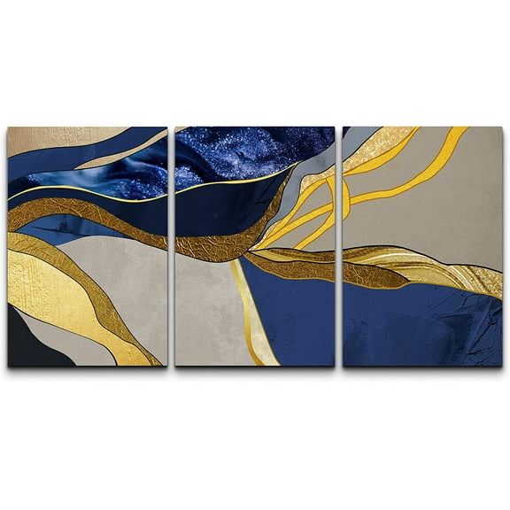 wall26 Canvas Print Wall Art Set Geometric Gold Blue Granite Landscape Abstract Shapes Illustrations Modern Art Decorative Boho Colorful for Living Room, Bedroom, Office - 16"x24"x3 Panels