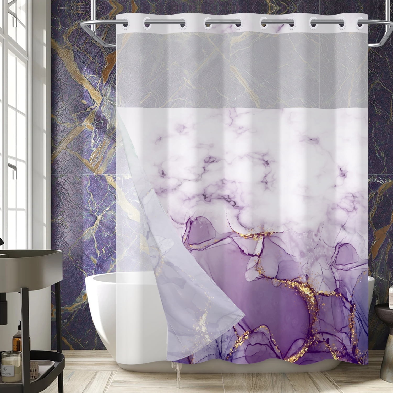 Mizhona Shower Curtain with Liner Purple Marble No Hook Shower Curtain for Bathroom ,71"x74"